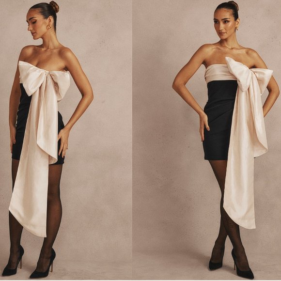 HOUSE OF CB 'Jana' Black & Ivory Bow Mini Dress NWOT
